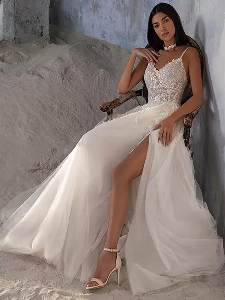 Bridevia | Spaghetti Straps A-line Wedding Dress Beaded Sequin Bridal Gown #AWA16