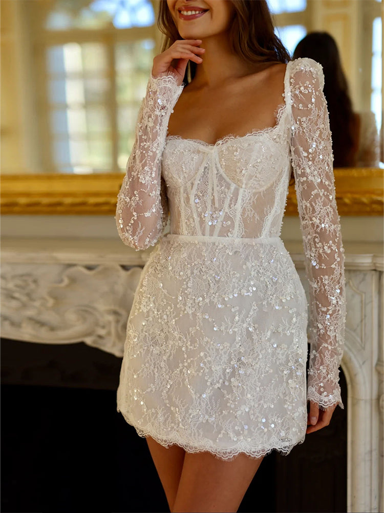 Bridevia | Square Neck Lace Short Wedding Dress Mini Bridal Gown #SWA19