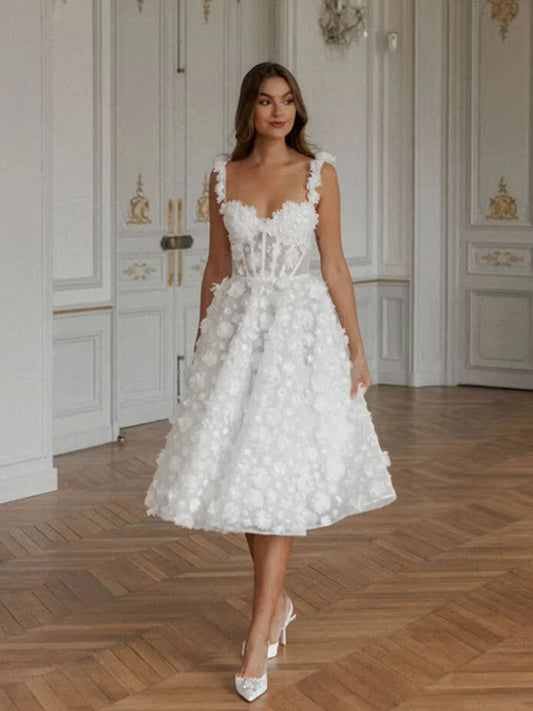 3D Flower Spaghetti Straps Short Wedding Dress Knee-Length Bridal Gown Front View