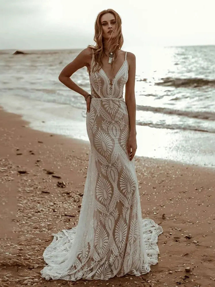 Beach Spaghetti Straps Wedding Dress Boho Mermaid Bridal Gown Front View