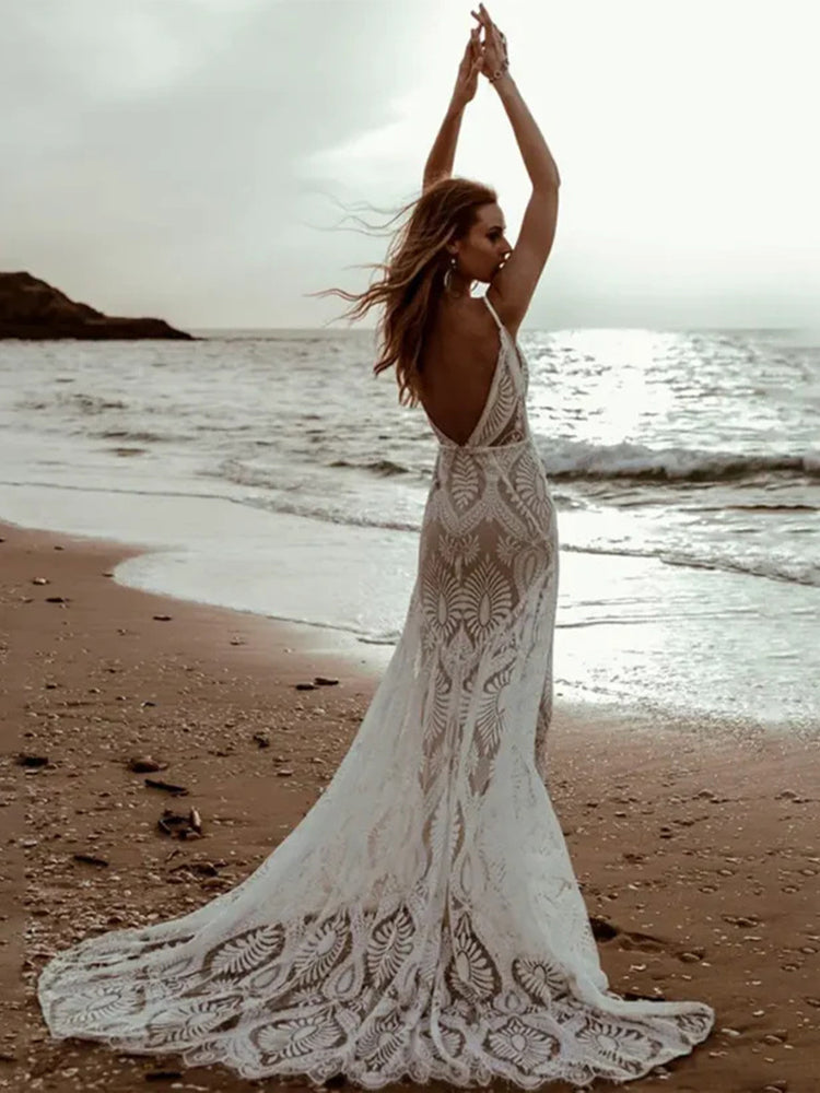Beach Spaghetti Straps Wedding Dress Boho Mermaid Bridal Gown Back View with Backless