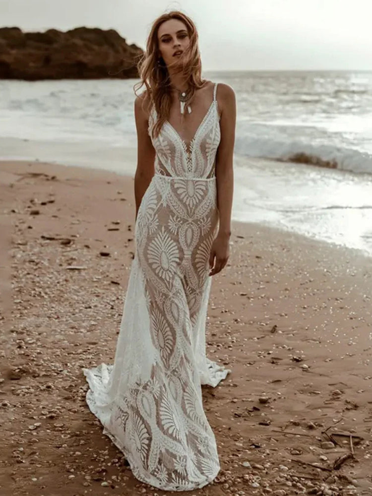 Beach Spaghetti Straps Wedding Dress Boho Mermaid Bridal Gown Front View