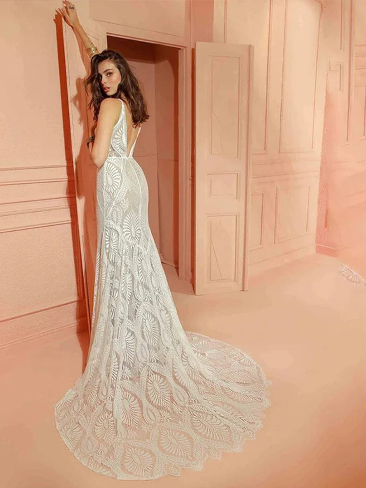 Beach Spaghetti Straps Wedding Dress Boho Mermaid Bridal Gown Back View with Backless