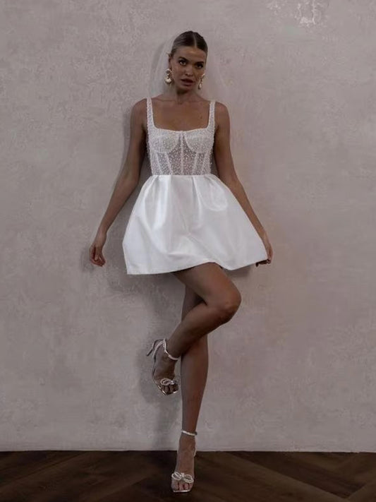 Beaded Spaghetti Straps Short Wedding Dress Mini Bridal Gown Front View