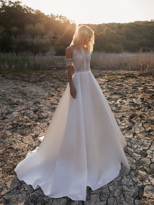 Boho Lace Wedding Dress Satin A-line Bridal Gown with Halter Neck Front View