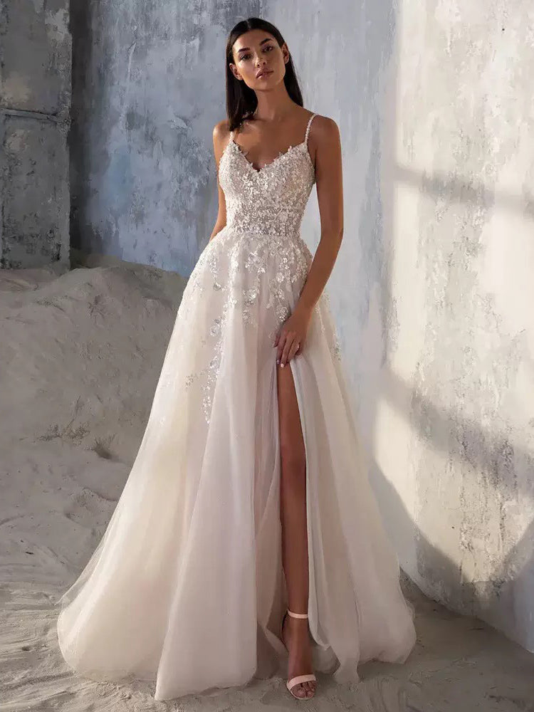 Bridevia | Spaghetti Straps A-line Wedding Dress Beaded Sequin Bridal Gown #AWA16
