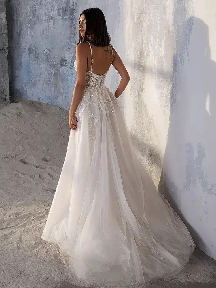 Bridevia | Spaghetti Straps A-line Wedding Dress Beaded Sequin Bridal Gown #AWA16